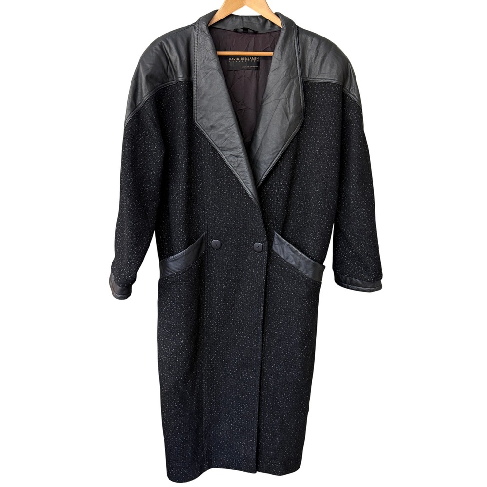 Vintage David Benjamin Collection Women's Black Leather Wool Coat Size 14